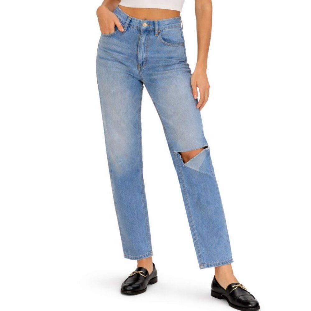 RE/DONE Size 26 High Rise Straight Leg Jeans Distressed Knee Raw Hem Vintage Was